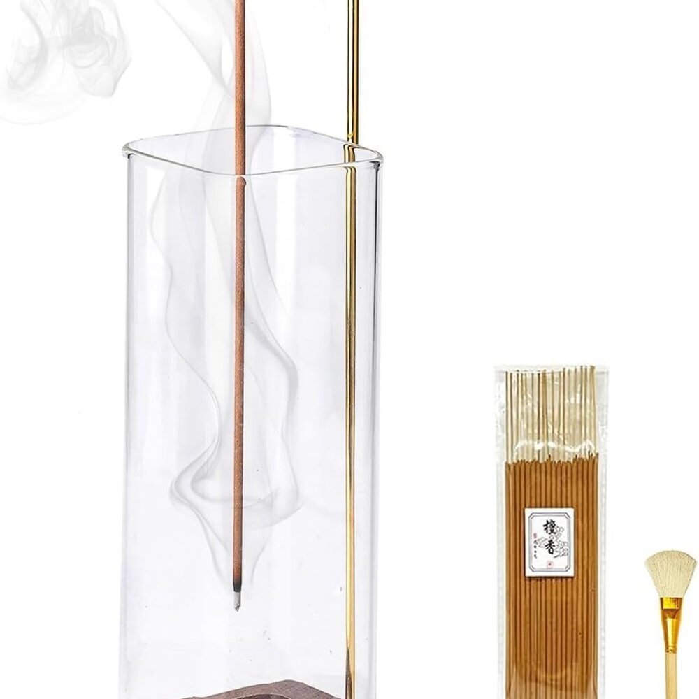 Incense Holder, Wooden Incense Holder for Sticks with Glass Ash Catcher, Anti-as